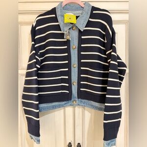 NWT SZ L Mable Light Blue Denim-Trim Striped Cardigan